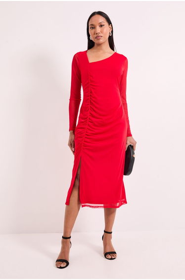 Ruched Draw Cord Detail Mesh Midi Dress