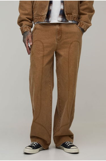 Tall Washed Western Detail Baggy Jeans - tan
