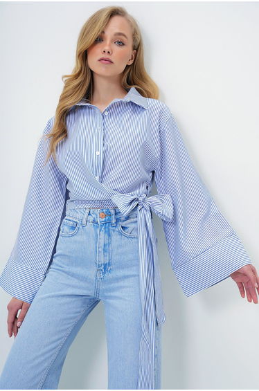 Women's Blue Striped Wide Cuff Sleeve Detailed Tie Front Poplin Shirt