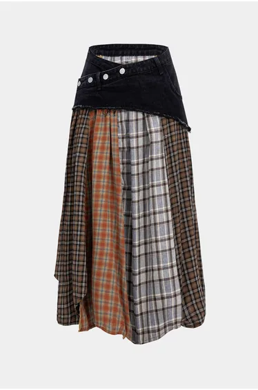 Color Block Plaid Print Denim Patchwork Asymmetrical Skirt
