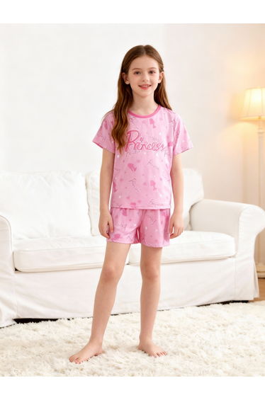 Girls Pink Princess Print T-Shirt and Shorts Pyjama Set