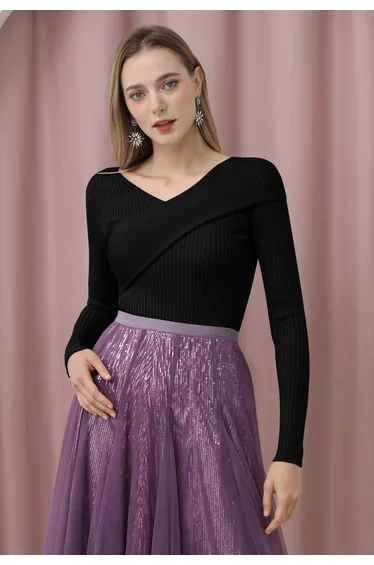 Crisscross Full Ribbed Knit Top in Black
