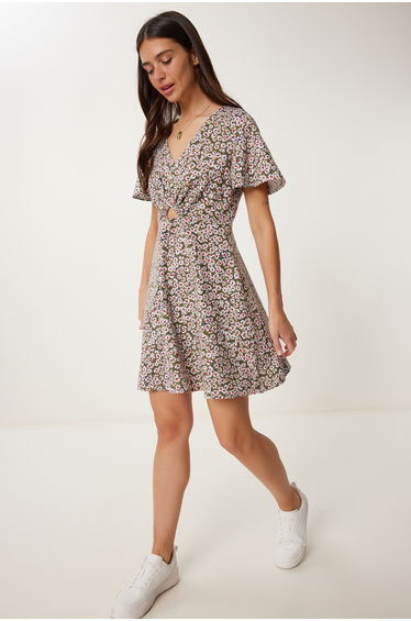Women's Khaki Floral Summer Mini Linen Dress