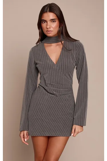 Charcoal Pinstripe Scarf Detail Long Sleeve Bodycon Dress