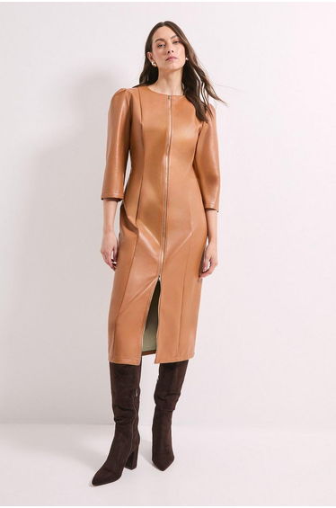 PU Long Sleeve Column Midi Dress