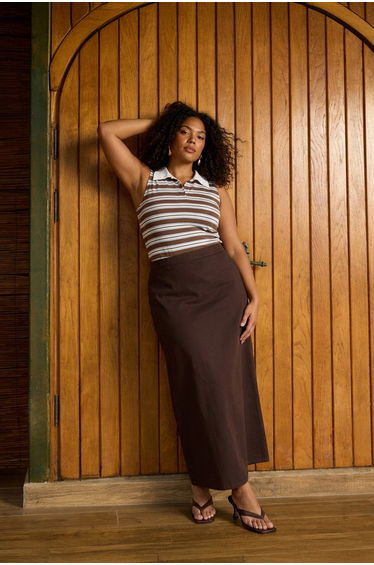 Brown Polo Collar Striped Sleeveless Knitted Plus Size Blouse