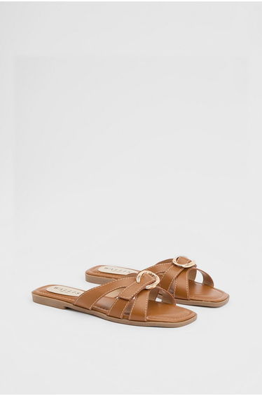 Becky Faux Leather Cross Strap Metal Detail Flat Sliders