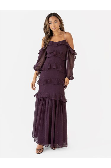 Anaya with Love Recycled Fig Cold Shoulder Ruffle Maxi Dress