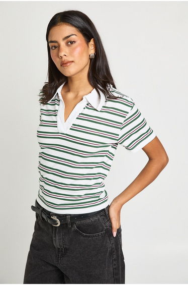 Striped Open Collar Top - green
