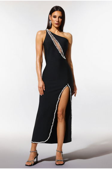 Janneth Sleeveless One Shoulder Diamond Slit Bandage Maxi Dress