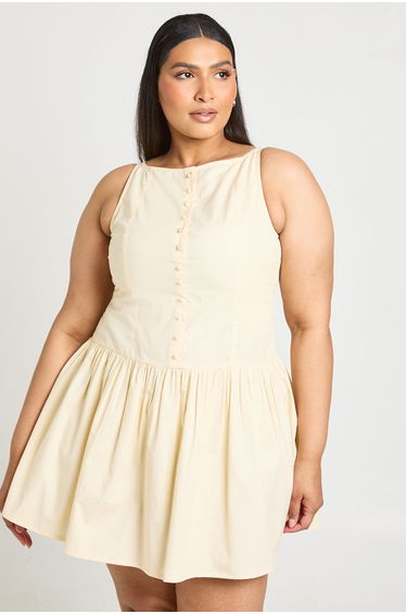 Plus Boat Neck Button Down Detail Skater Mini Dress - lemon