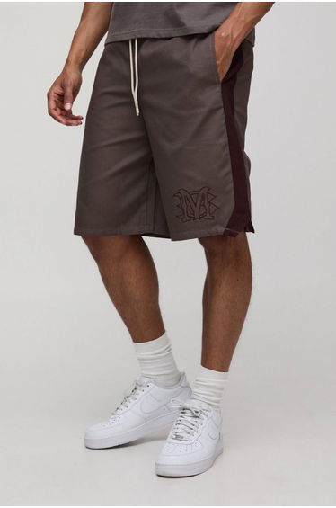Elasticated Waist Relaxed Fit Long Length Embroidery Bermuda Shorts - brown
