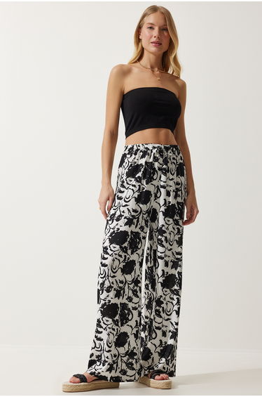Women's Vivid White Patterned Flowy Viscose Palazzo Trousers