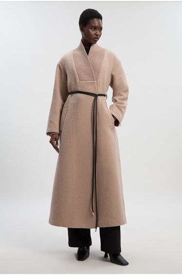 Wool Knitted Wrap Neck Belted Tailored Midi Coat