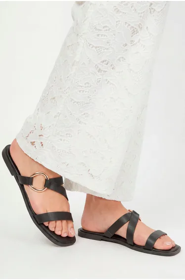Tilly Faux Leather Hardware Strap Flat Mule Sandals