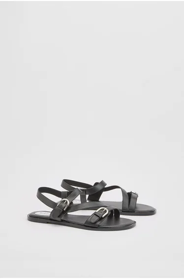 Sheska Faux Leather Buckle Detail Asymmetrical Flat Sandals