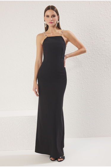 Black Pearl Woven Long Elegant Evening Night Graduation Dress