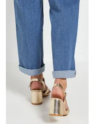 Wide Fit Samiyas Metallic Faux Leather Cross Strap Medium Block Heeled Sandals - 2