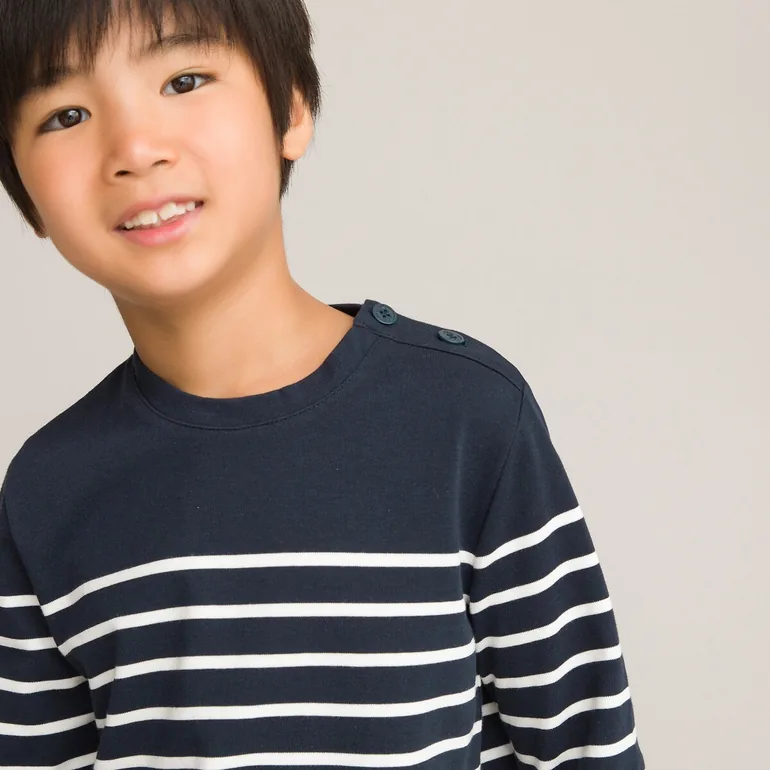 Breton Striped Cotton T-Shirt with Long Sleeves - 1