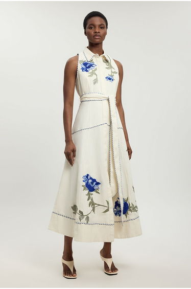 Floral Applique Belted Midi Dress