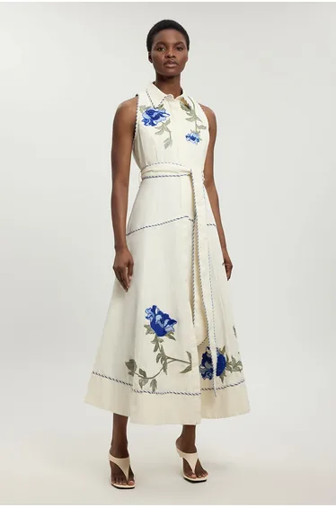 Floral Applique Belted Midi Dress