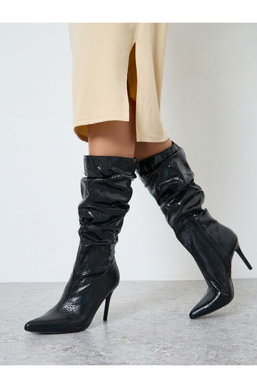 Black Textured Ruched Boots