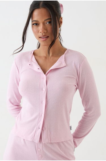DSGN Studio Pointelle Button Through Long Sleeve Top - light pink