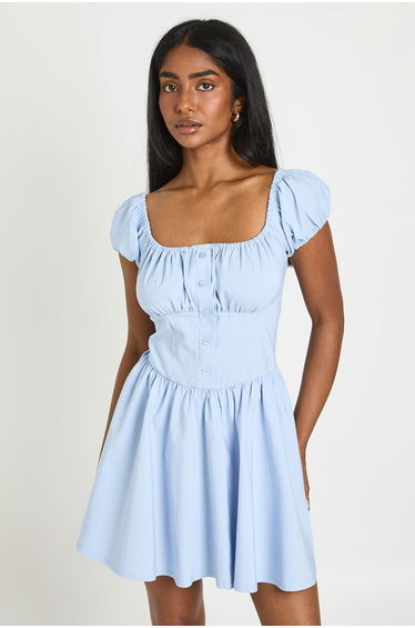 Volume Sleeve Milkmaid Mini Dress - pastel blue