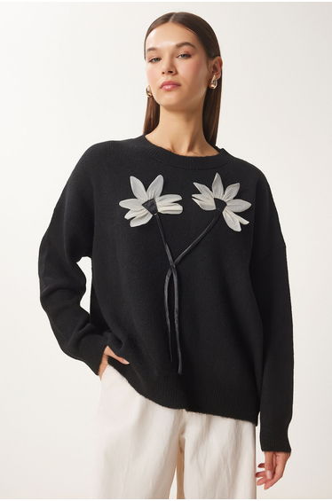 Women's Black Floral Detailed Knitwear Sweater