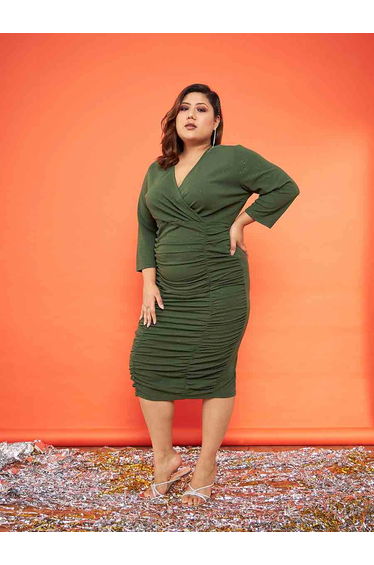 Plus Glitter Ruched Detail Bodycon Slit Midi Dress