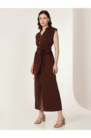Brown Sleeveless Midi Dress with Front Slit