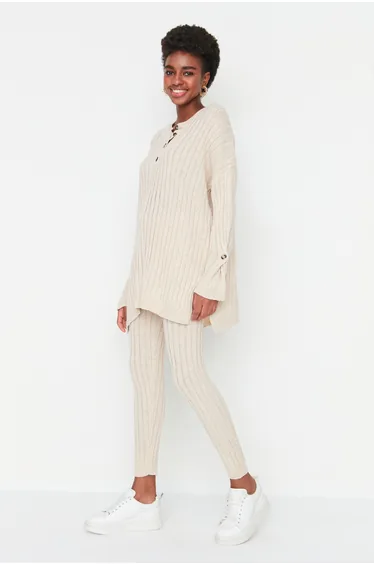Beige Knitwear Top and Bottom Set with Corduroy Pants