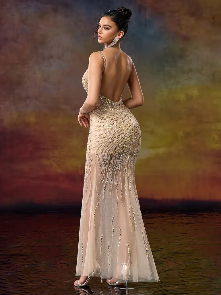 Modecrush V Neck Straps Column Beaded Prom Party Dress - 1