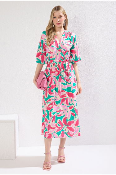 Pink Belted Floral Patterned A-Line Double Breasted Midi Woven Dress