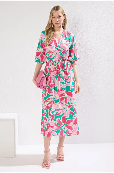 Pink Belted Floral Patterned A-Line Double Breasted Midi Woven Dress