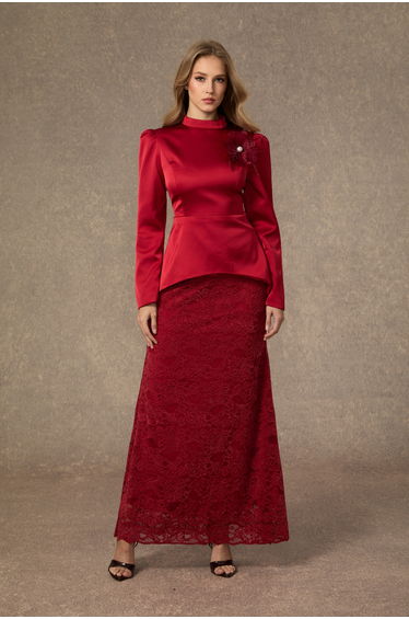 Beautiful Evenings Burgundy Floral Applique Satin Top & Lace Skirt Set