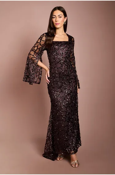 Long Sleeve Sequin Lace Maxi Dress
