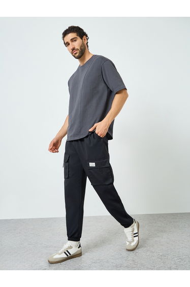 Men Black Cargo Pants with Drawstring
