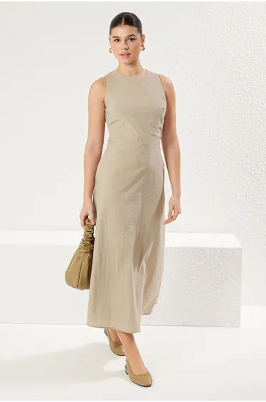 Dark Beige Back Detail Plain Midi Woven Dress