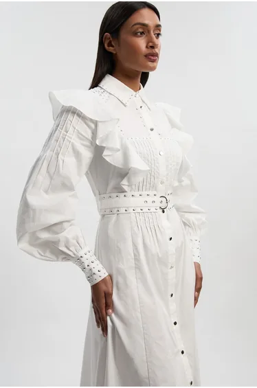 Cotton Sateen Drama Sleeve Studded Woven Maxi Shirt Dress