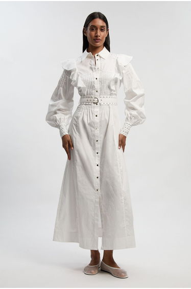 Cotton Sateen Drama Sleeve Studded Woven Maxi Shirt Dress