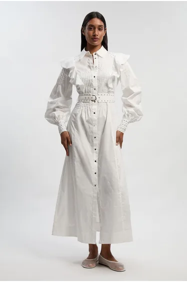 Cotton Sateen Drama Sleeve Studded Woven Maxi Shirt Dress