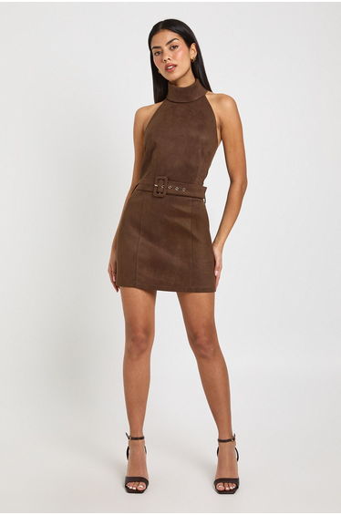 Fuax Suede Halterneck Belt Detail Mini Dress - chocolate