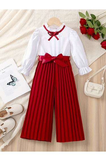 Girls Ruffle Hem Bow Detail Top with Pleated Wide Leg Pants Set