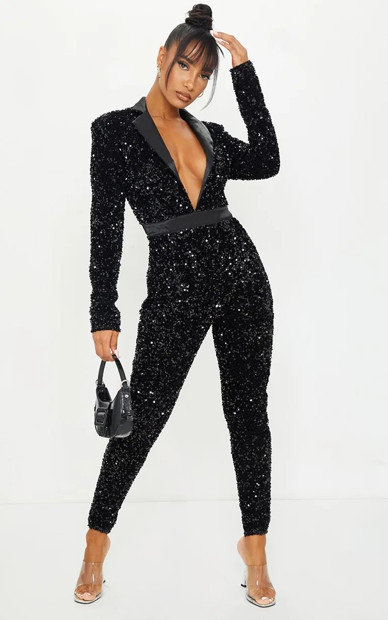 Black Premium Velvet Sequin Plunge Front Tailored Jumpsuit