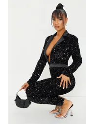 Black Premium Velvet Sequin Plunge Front Tailored Jumpsuit - 2