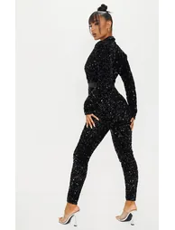 Black Premium Velvet Sequin Plunge Front Tailored Jumpsuit - 1
