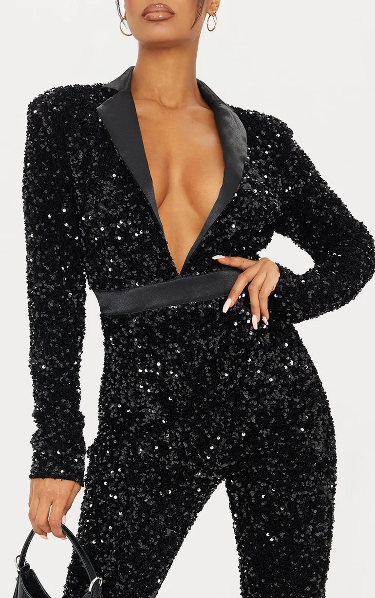 Black Premium Velvet Sequin Plunge Front Tailored Jumpsuit - 3