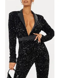 Black Premium Velvet Sequin Plunge Front Tailored Jumpsuit - 3