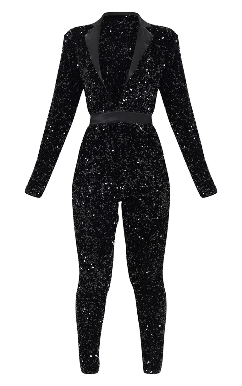 Black Premium Velvet Sequin Plunge Front Tailored Jumpsuit - 4